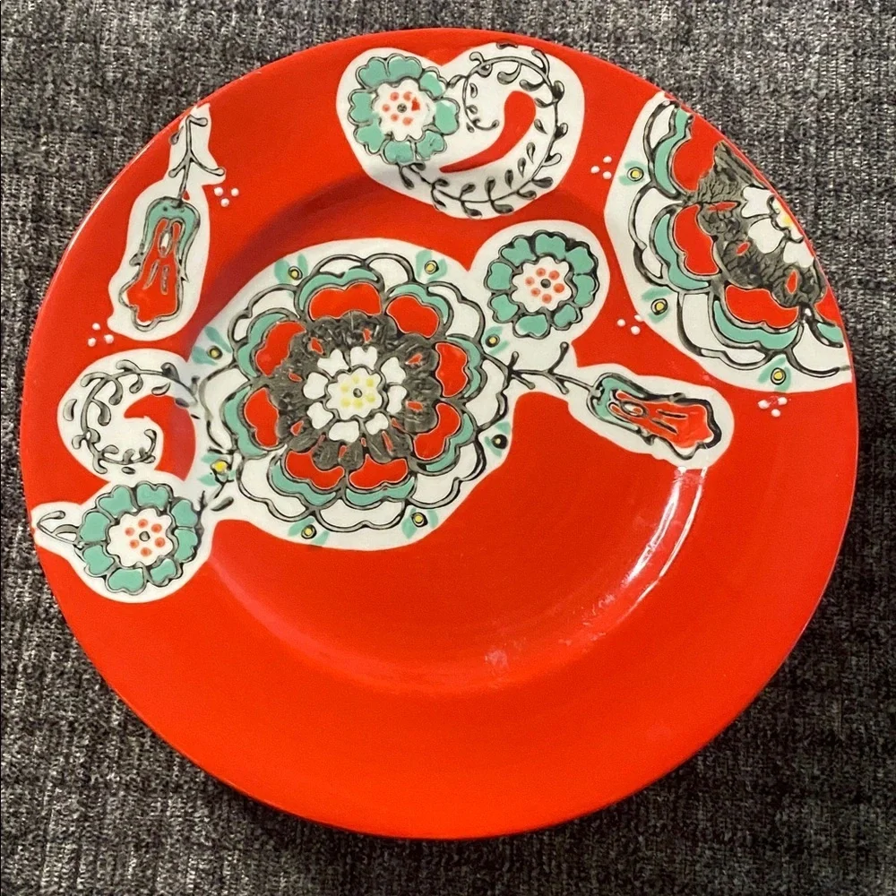Anthropologie Vibrant Red Decorative Plate with Floral Design. Set of 5.